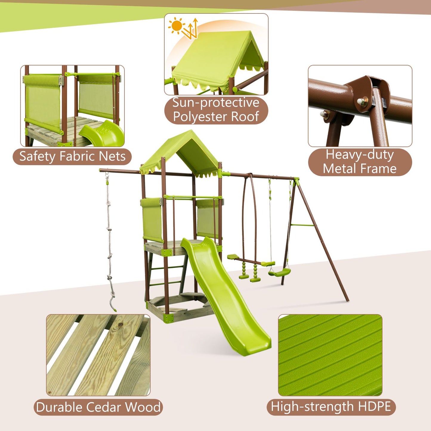 7-In-1 Swing Set Outdoor Metal Playset with Covered Fort