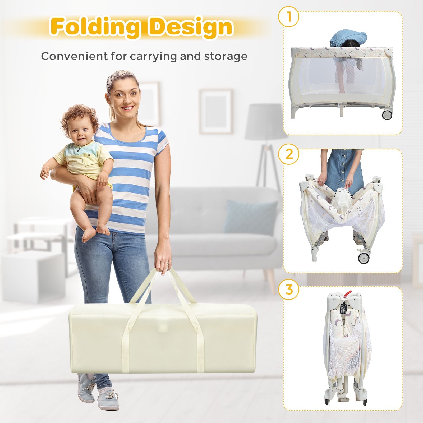 3 in 1 Convertible Bassinet Cot with Changing Table and Toy Bar