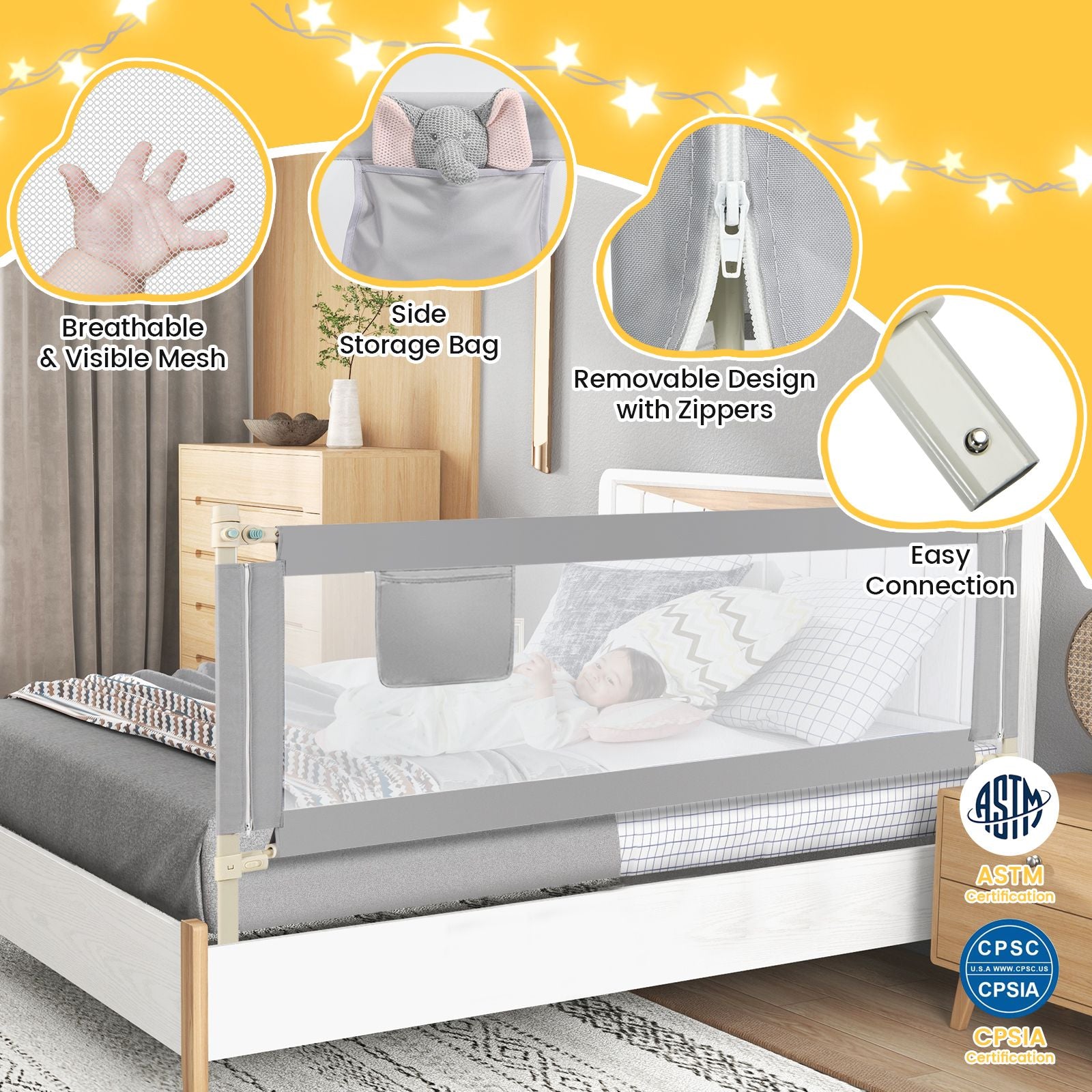 196Cm Height Adjustable Bed Rail with Double Safety Lock for Toddlers