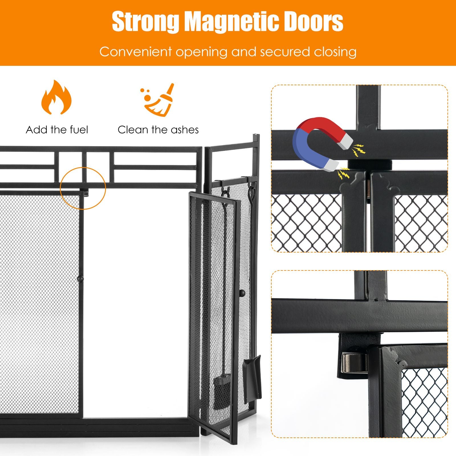 3-Panel Folding Fireplace Screen with Fireplace Tools Set