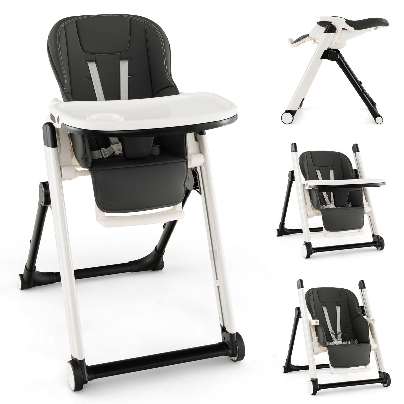Foldable High Chair with Recline Backrest and Adjustable Height