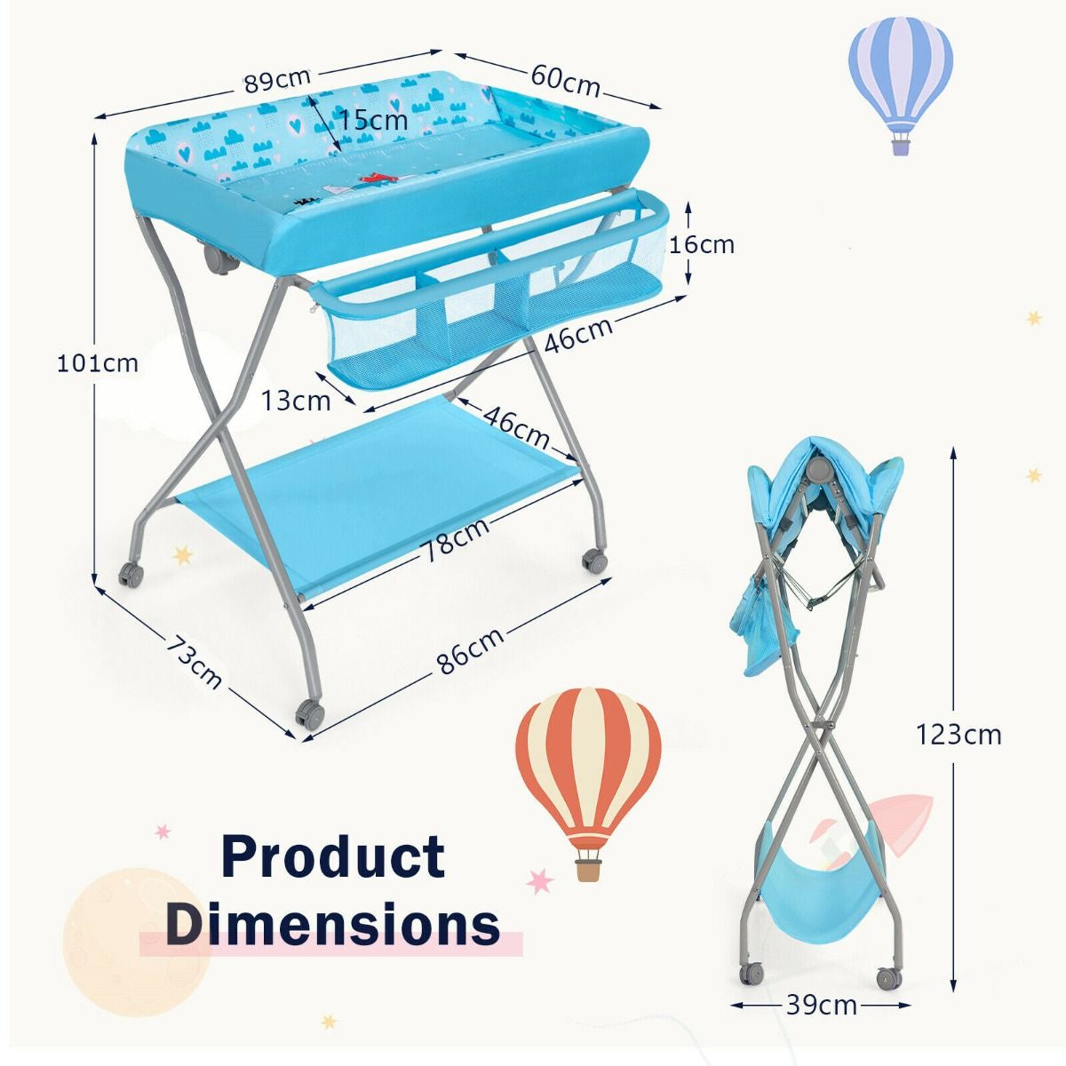 Rolling Baby Changing Table with Large Storage Basket