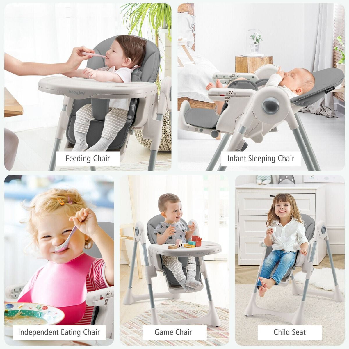 Foldable Convertible Baby High Chair with Adjustable Height and Removable Tray