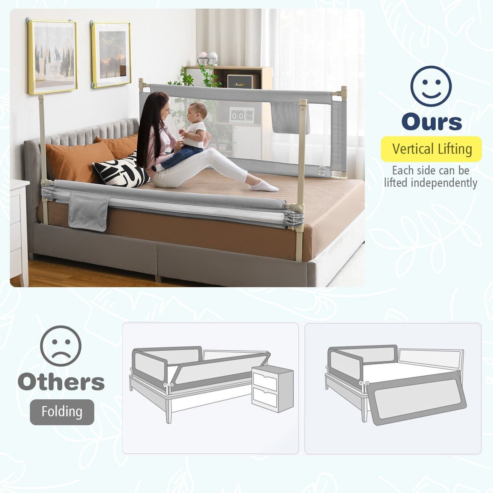 175 Cm Infant Safety Bed Guardrail with Anti-Collision Cotton and Side Pocket