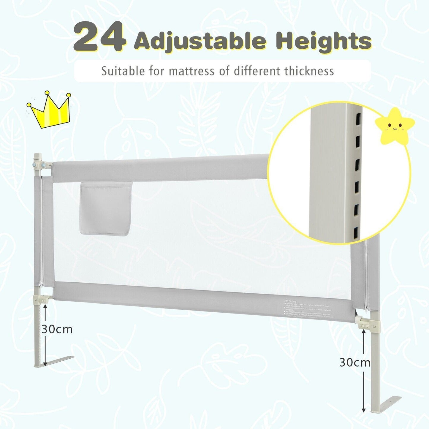 175 Cm Infant Safety Bed Guardrail with Anti-Collision Cotton and Side Pocket