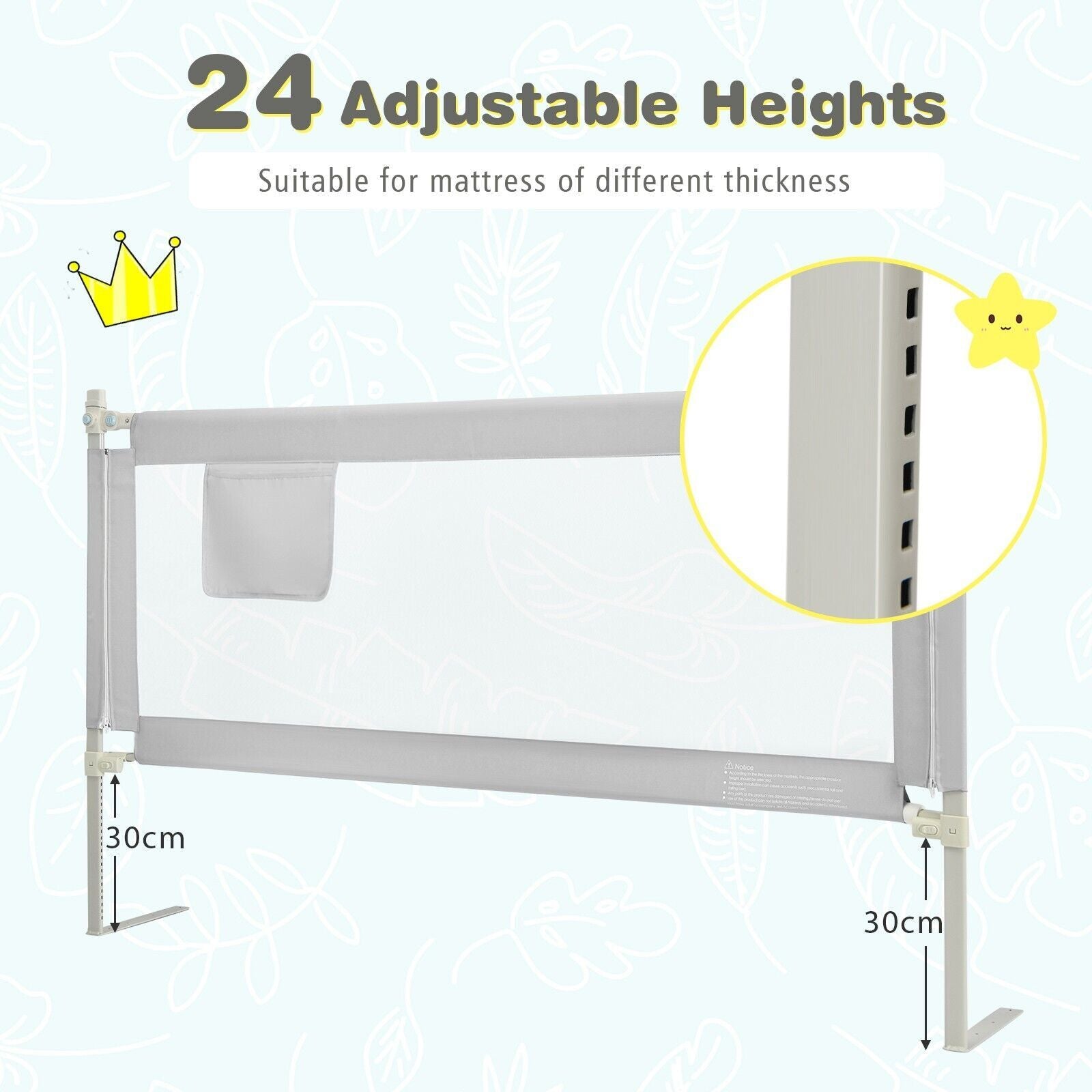 175 Cm Infant Safety Bed Guardrail with Anti-Collision Cotton and Side Pocket