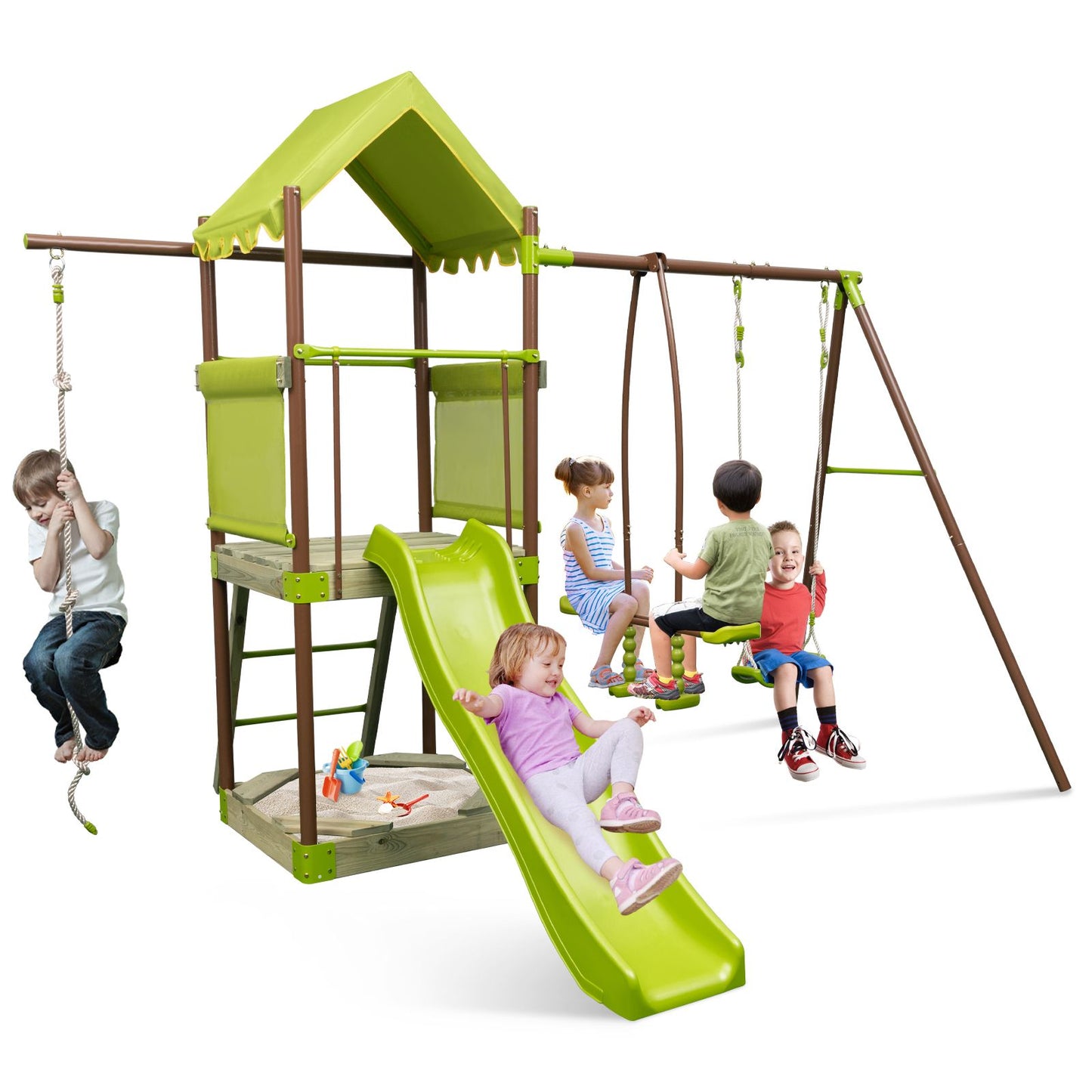 7-In-1 Swing Set Outdoor Metal Playset with Covered Fort