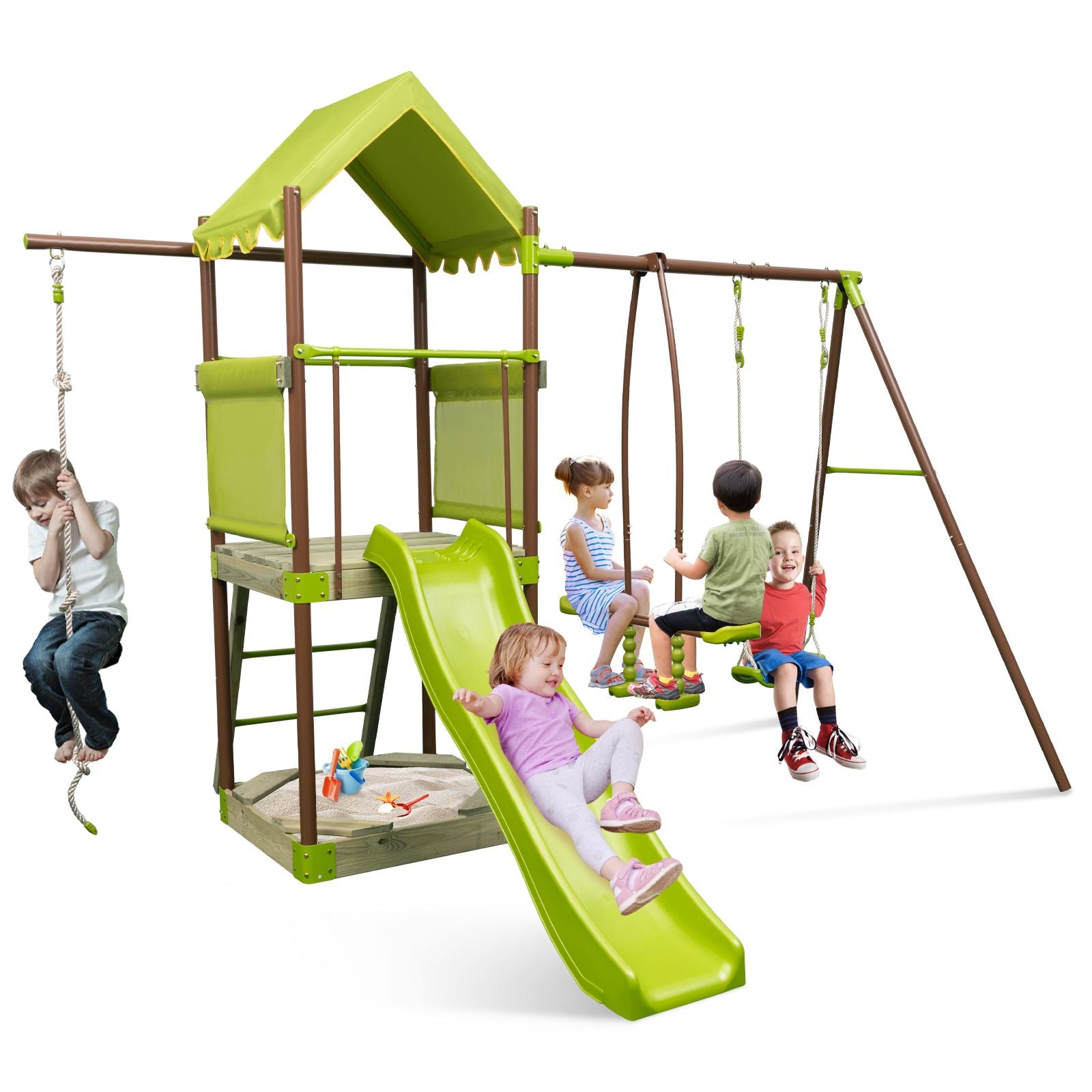 7-In-1 Swing Set Outdoor Metal Playset with Covered Fort