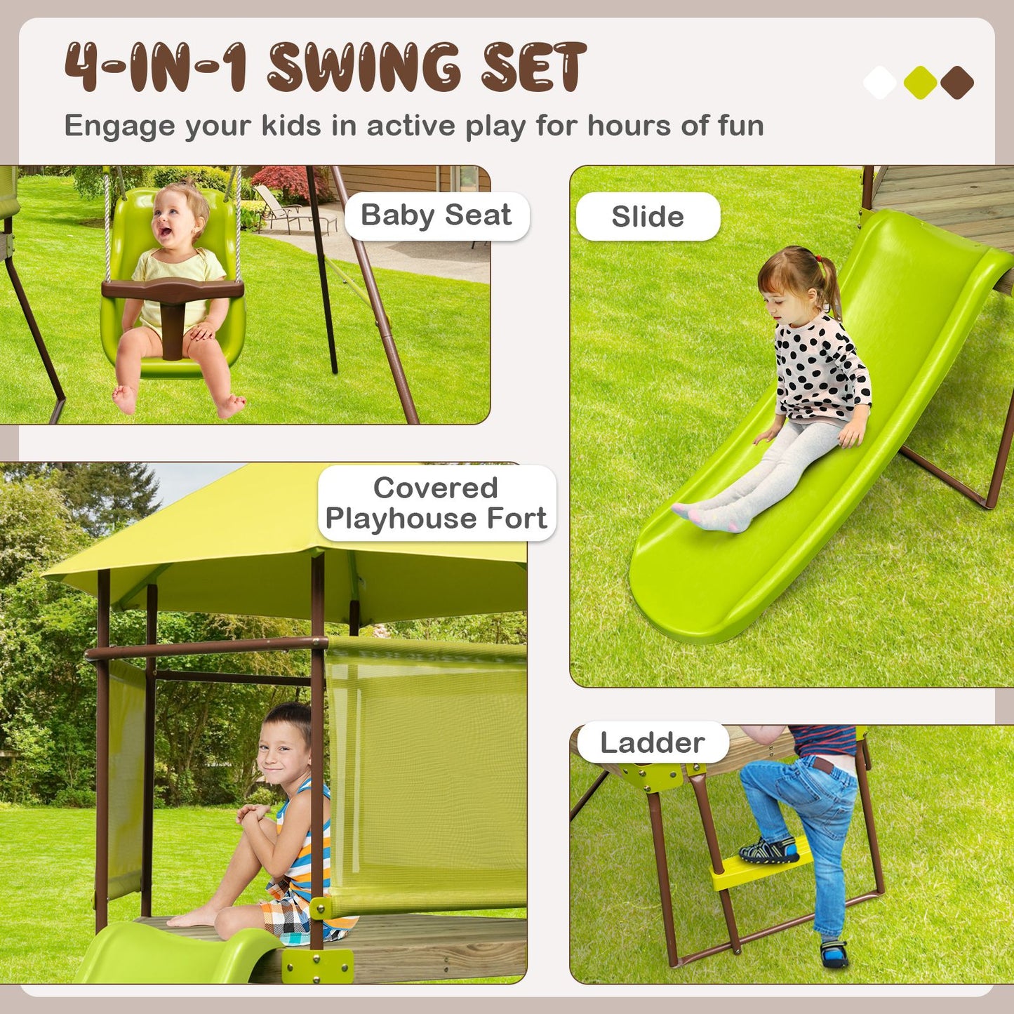 4-In-1 Swing Set with Height Adjustable Baby Seat, Metal Stand and Ground Stakes