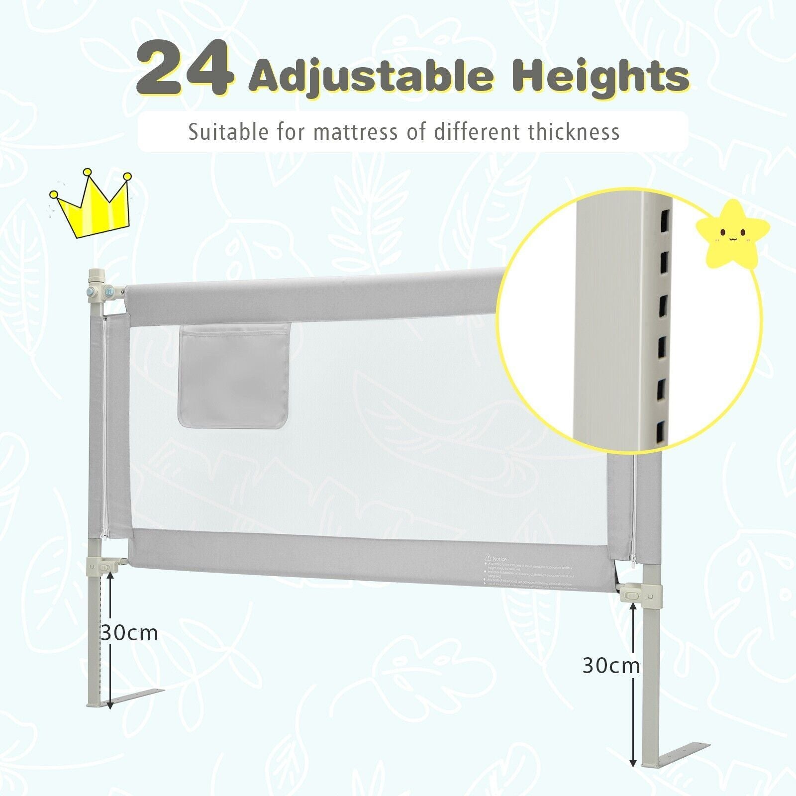 145Cm Height Adjustable Bed Rail with Storage Pocket and Safety Lock