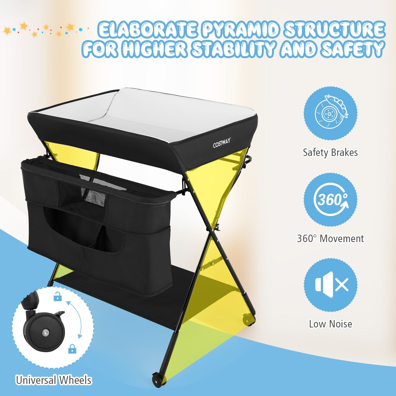Folding Changing Table with 4-Level Adjustable Height and Wheels