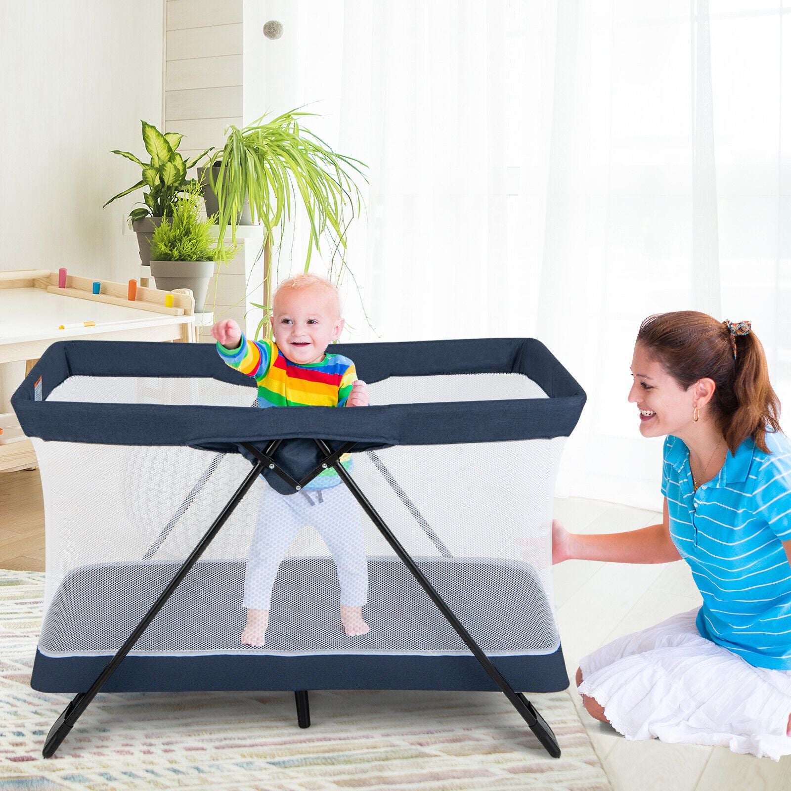 Portable Baby Travel Crib with Removable Mattress and Washable Cover