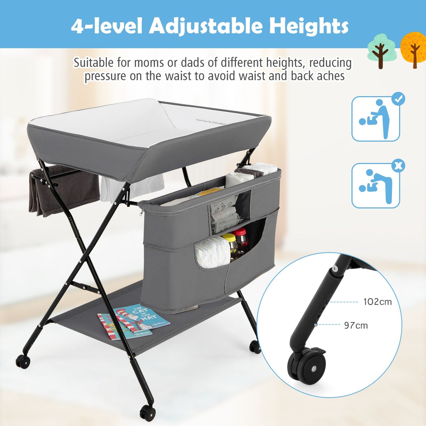 Folding Changing Table with 4-Level Adjustable Height and Wheels