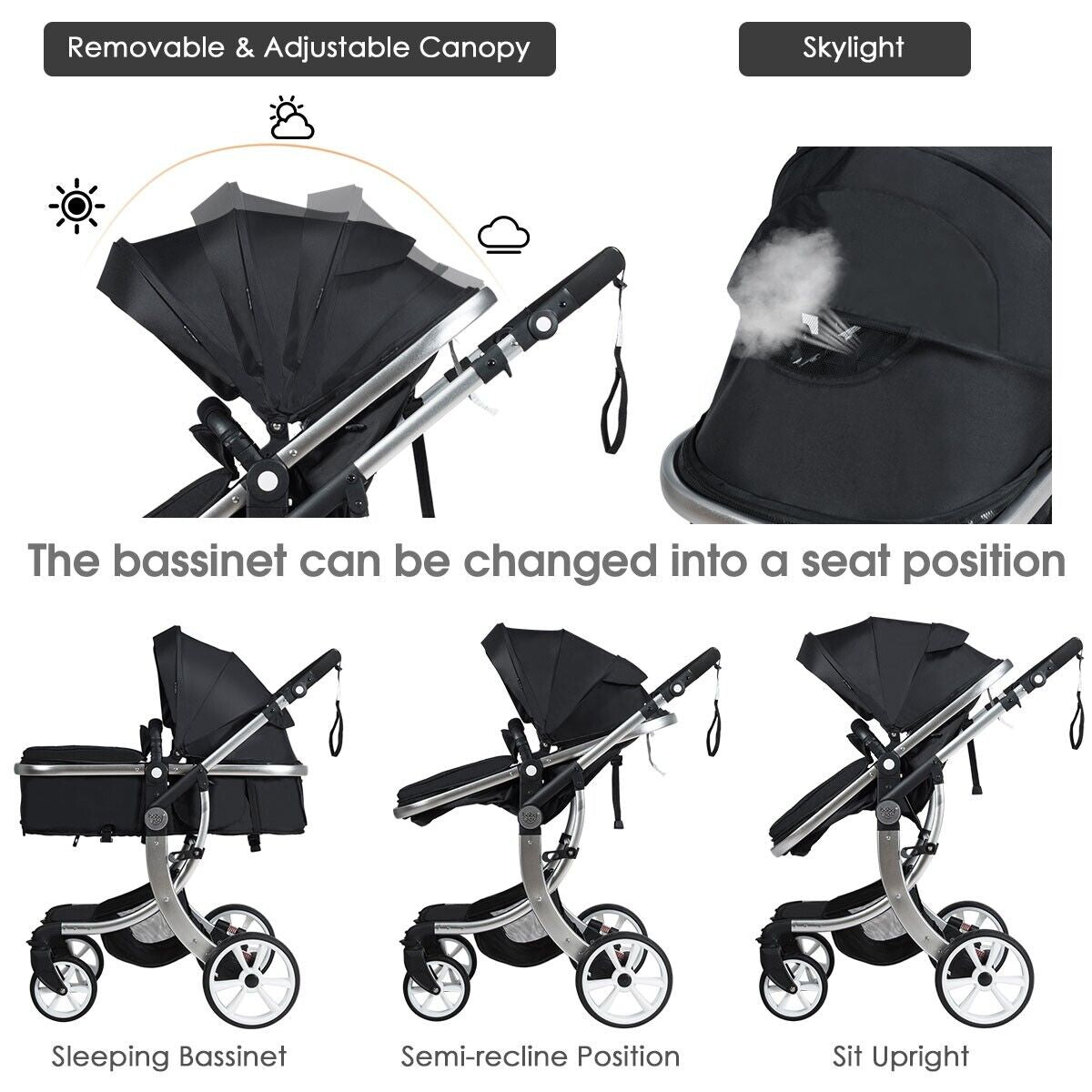 2 in 1 Baby Stroller High Landscape Convertible Bassinet Pram Foldable Pushchair