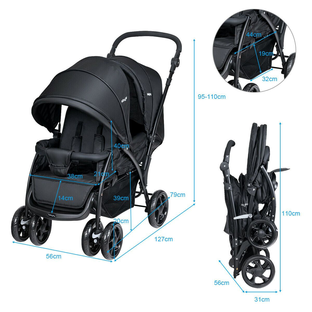 Double Pushchair with Adjustable Backrest and Sunshade