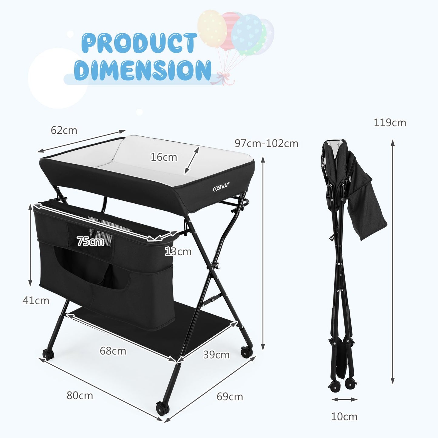 Folding Changing Table with 4-Level Adjustable Height and Wheels