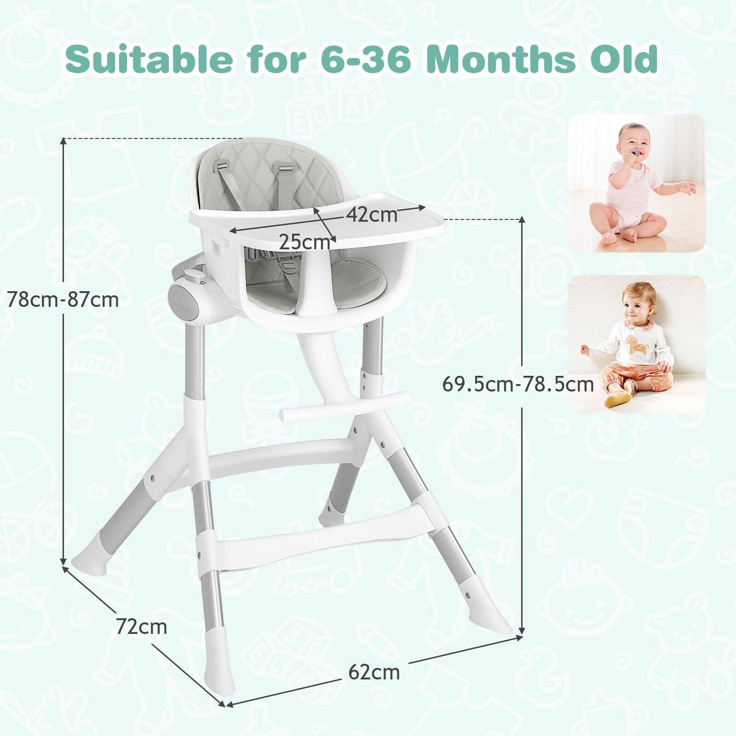 Adjustable Baby Highchair with Removable Tray and 5-Point Safety Harness