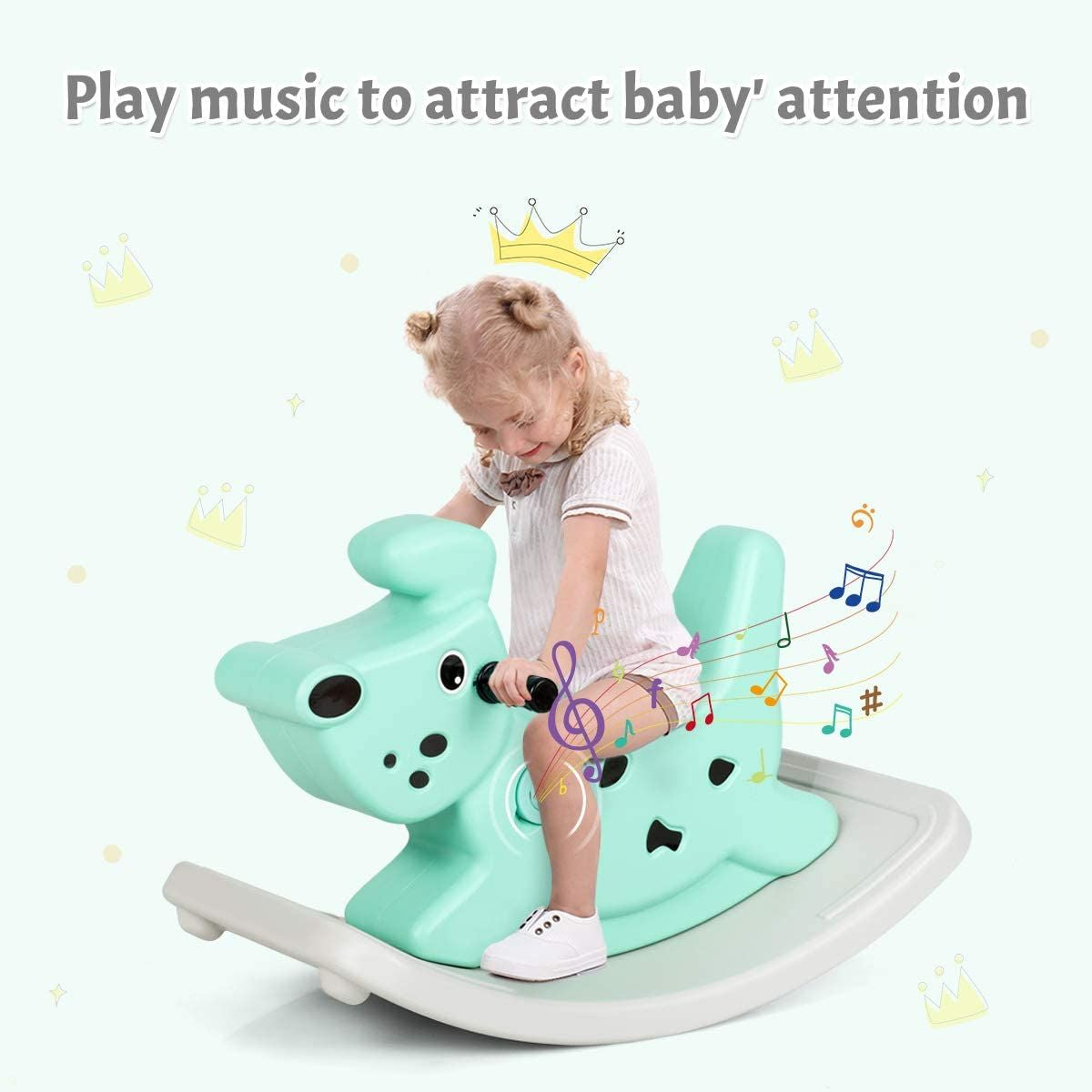 Kids Rocking Horse, Toddler Ride on Toy with Grip Handles, Music, and Lights