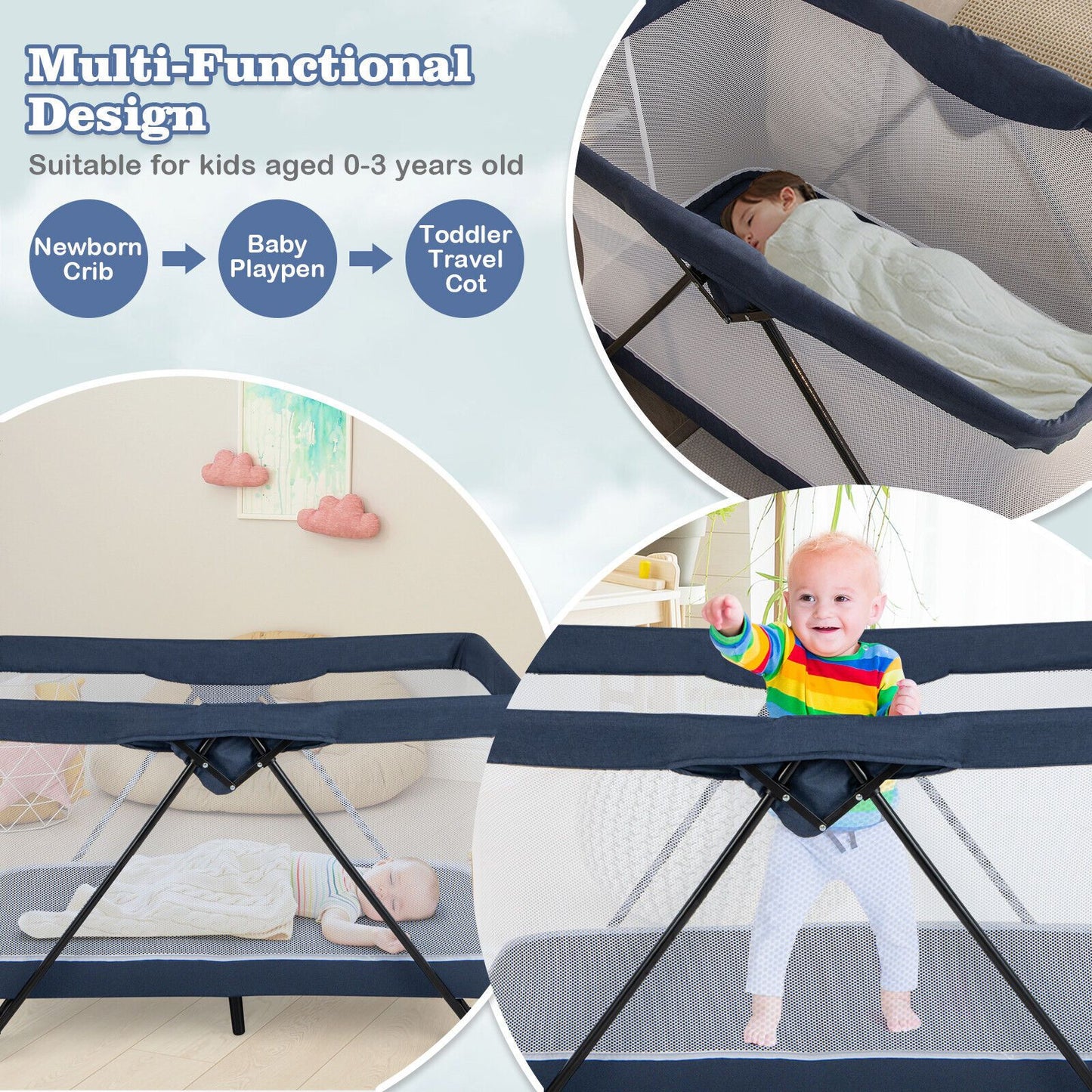 Portable Baby Travel Crib with Removable Mattress and Washable Cover
