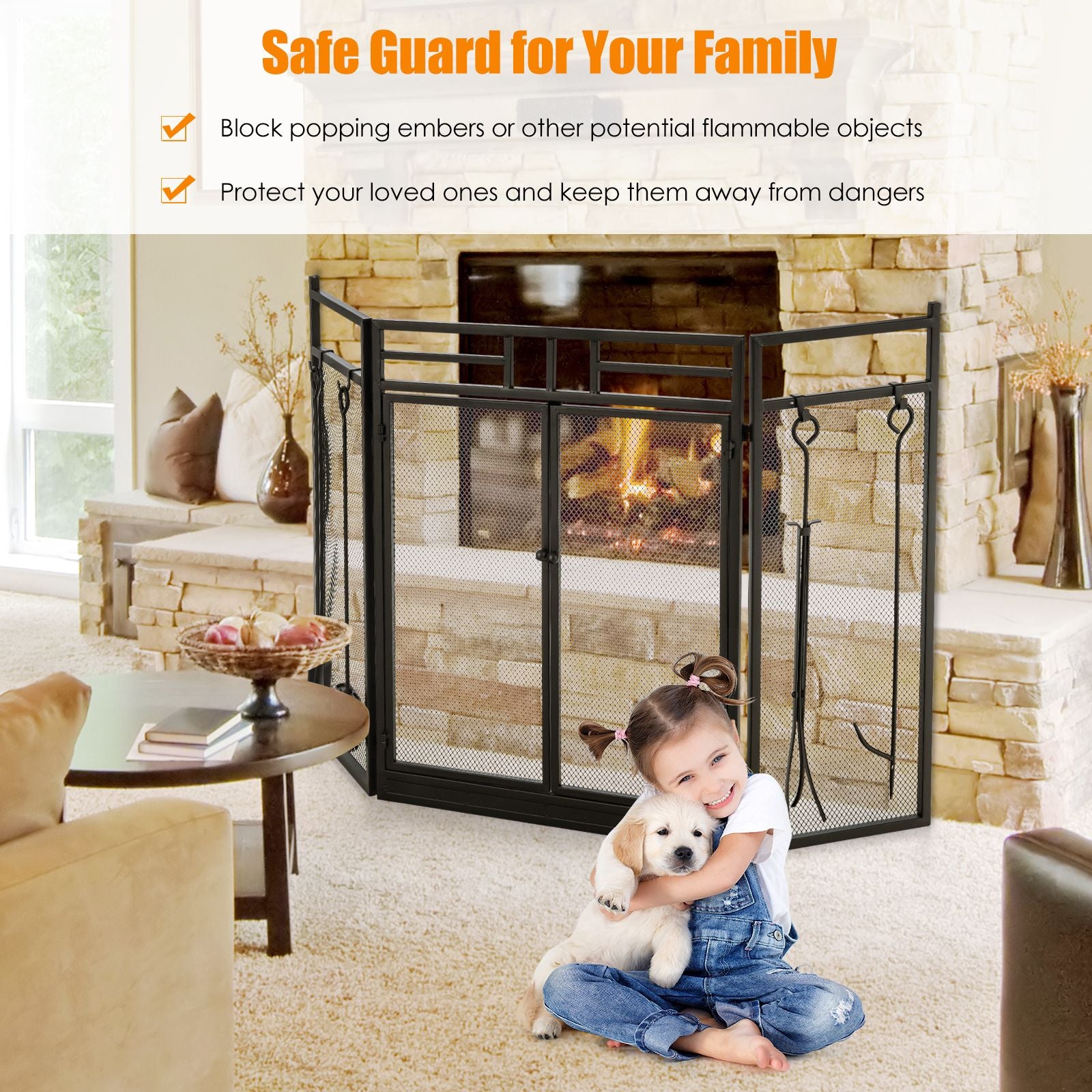 3-Panel Folding Fireplace Screen with Fireplace Tools Set