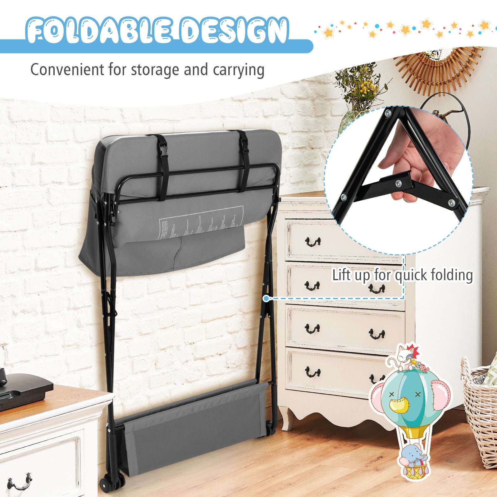 Folding Changing Table with 4-Level Adjustable Height and Wheels
