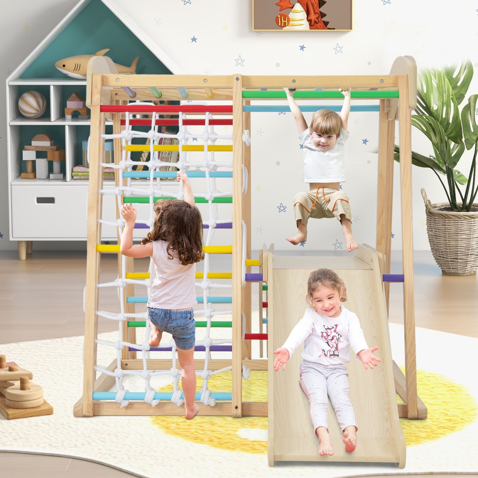6-In-1 Indoor Jungle Gym Kids Wooden Playground Climber Playset