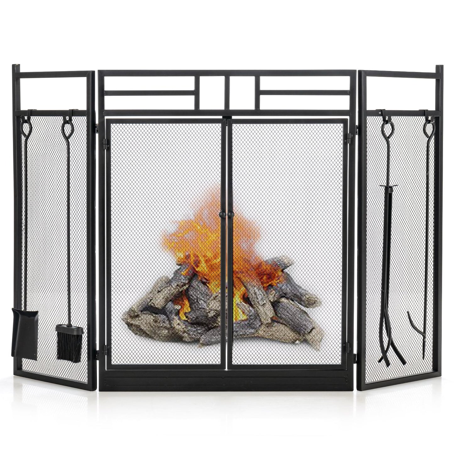 3-Panel Folding Fireplace Screen with Fireplace Tools Set