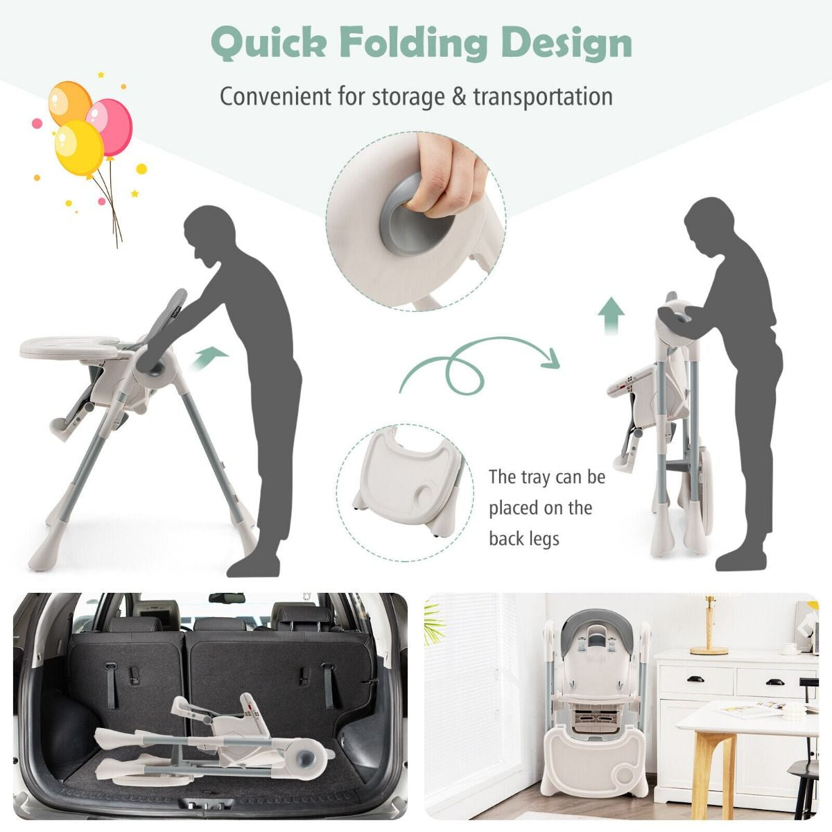 Foldable Convertible Baby High Chair with Adjustable Height and Removable Tray