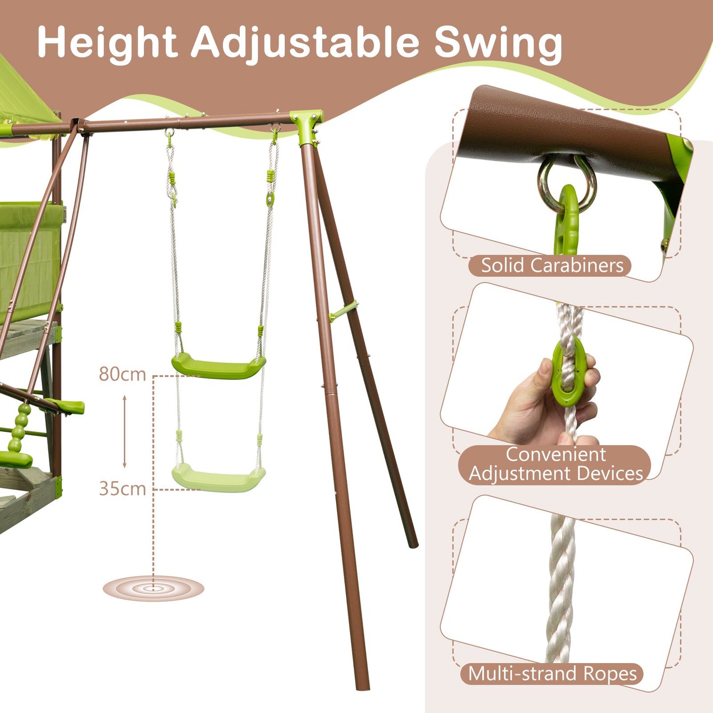 7-In-1 Swing Set Outdoor Metal Playset with Covered Fort