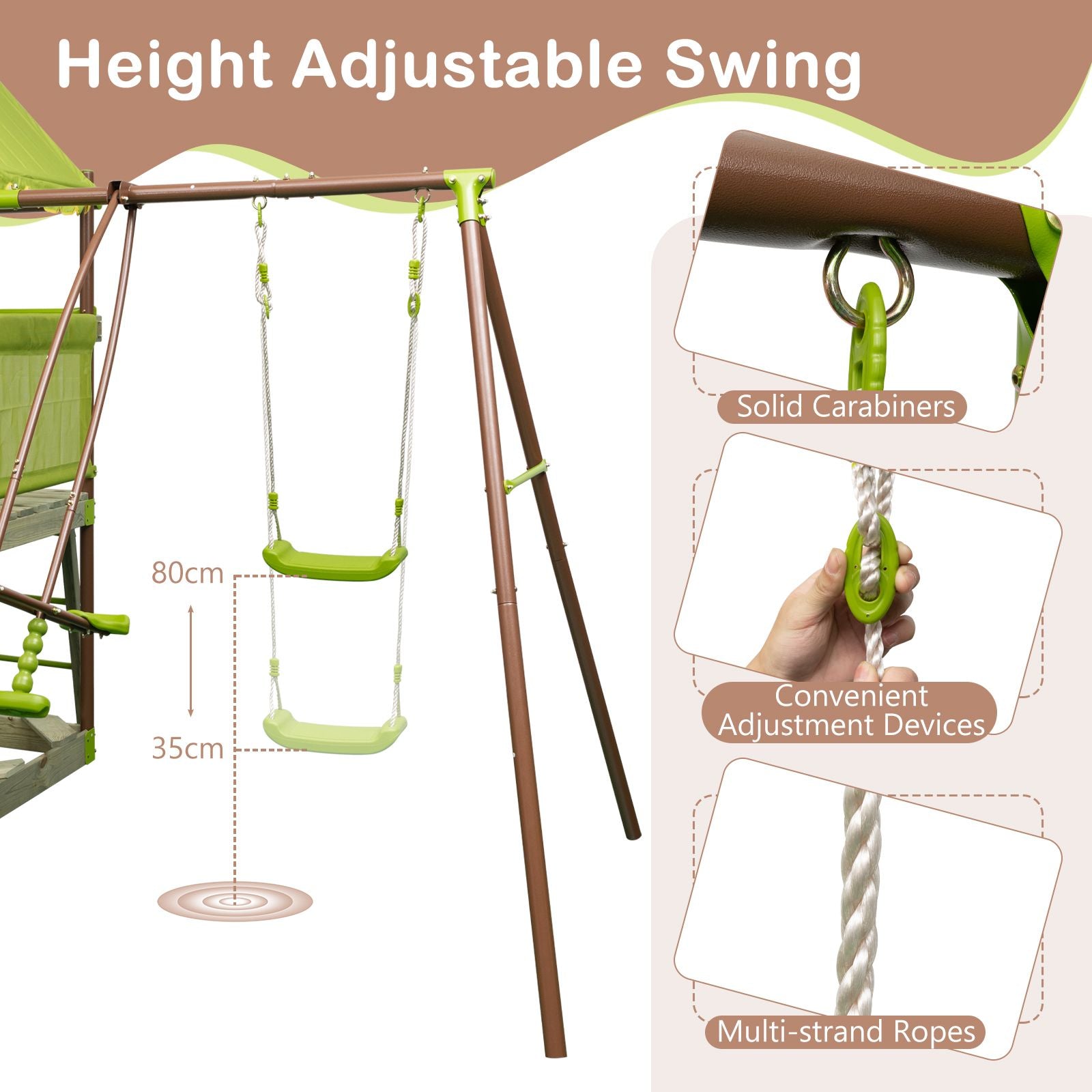 7-In-1 Swing Set Outdoor Metal Playset with Covered Fort