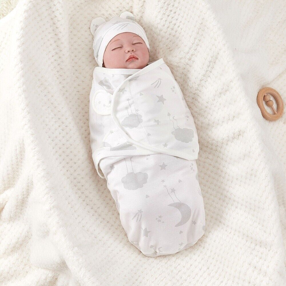 Soft Baby Swaddle Wrap Adjustable Newborn Wrap Baby Hat Set Birth Outfit
