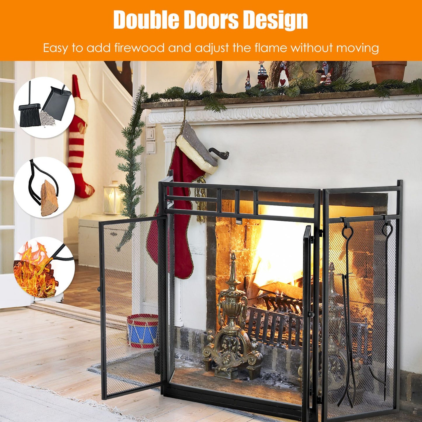 3-Panel Folding Fireplace Screen with Fireplace Tools Set