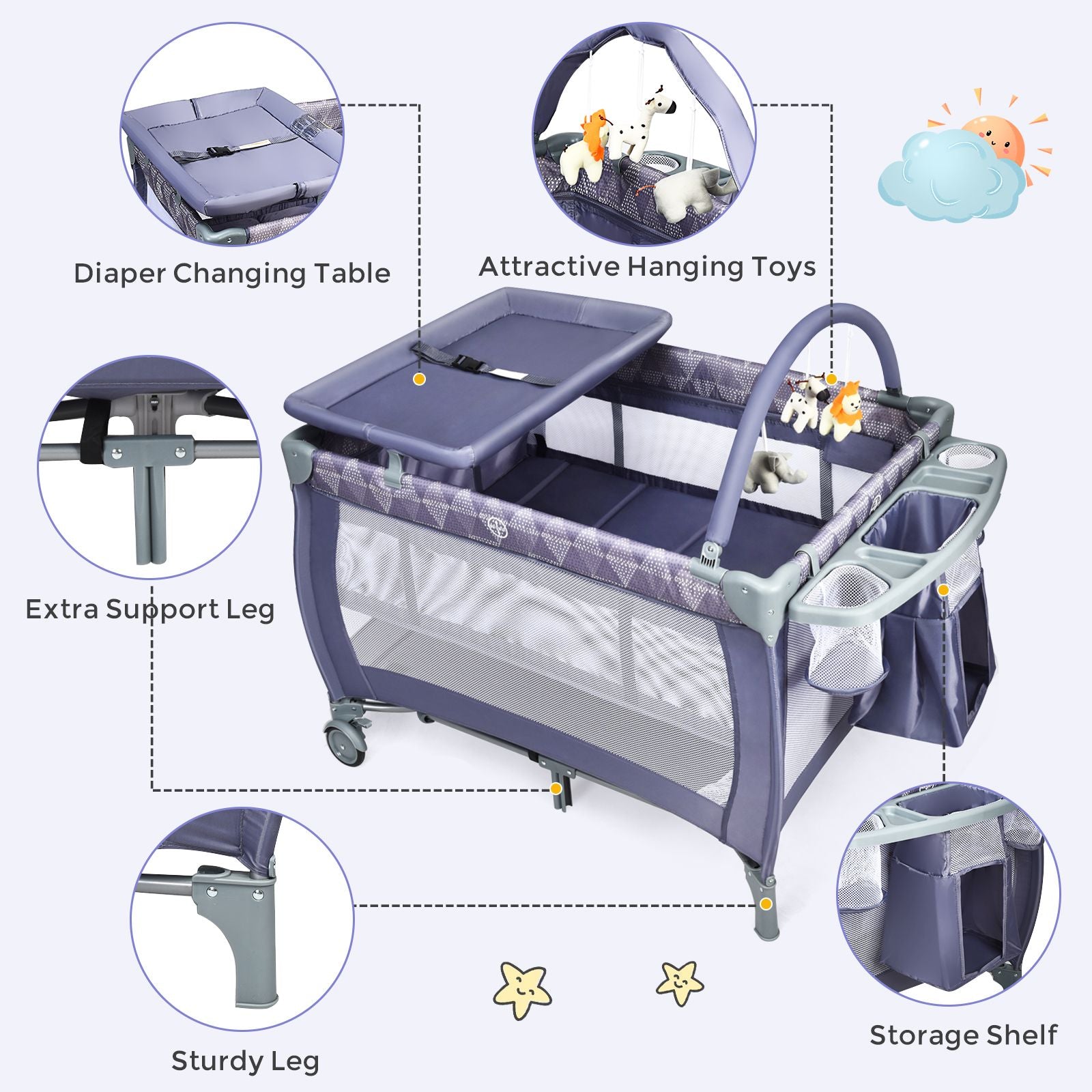 3 in 1 Convertible Bassinet Cot with Changing Table and Toy Bar