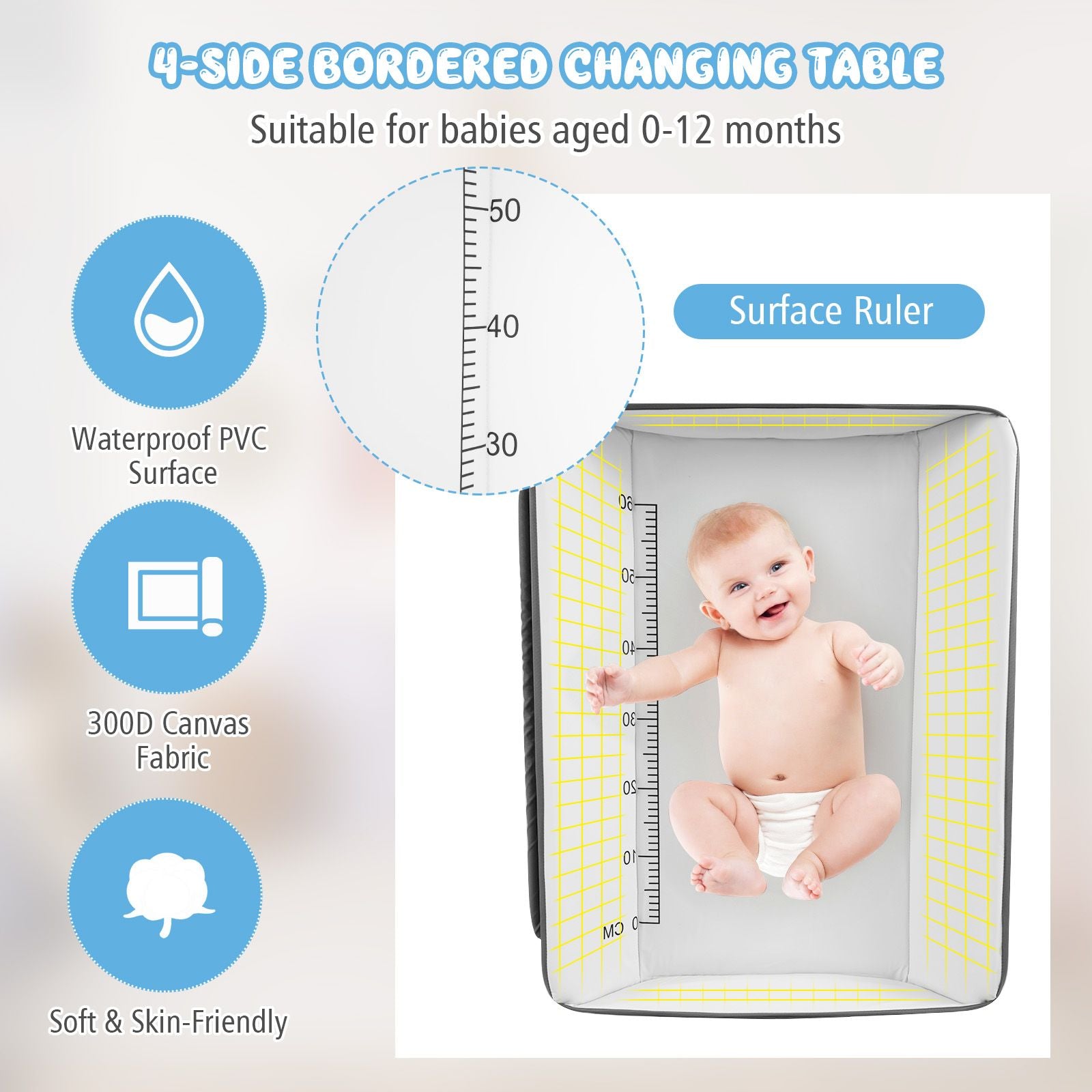 Folding Changing Table with 4-Level Adjustable Height and Wheels