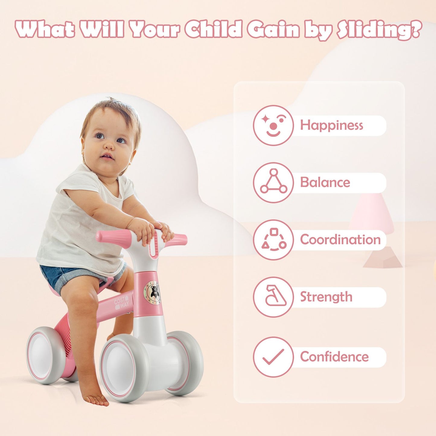 Cute Baby Balance Bike 4 Wheels with Steering Handlebars No Pedal
