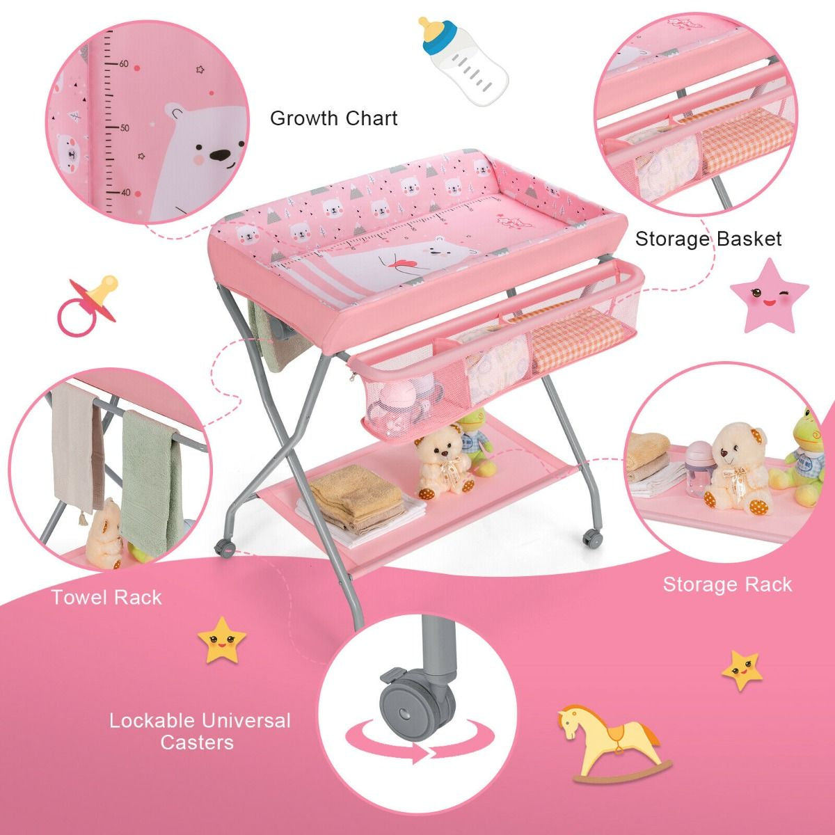 Rolling Baby Changing Table with Large Storage Basket