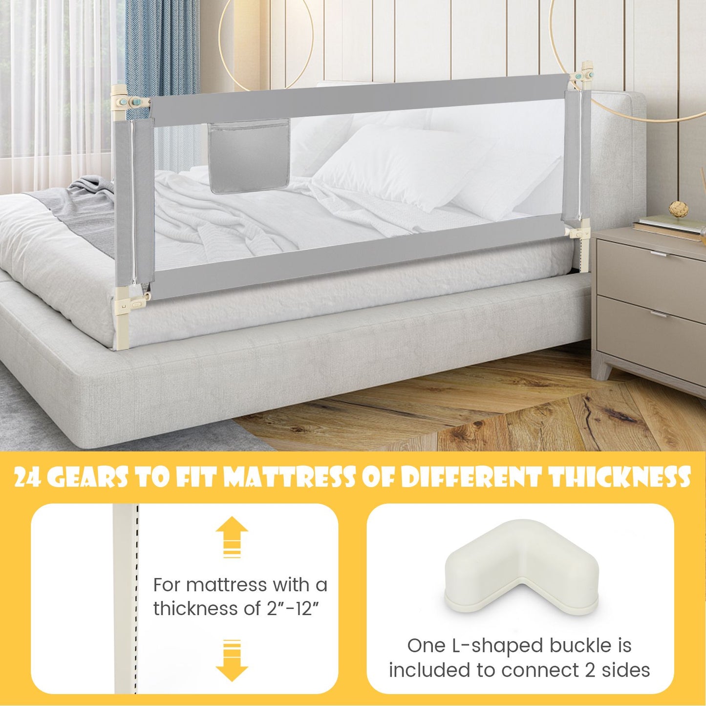 196Cm Height Adjustable Bed Rail with Double Safety Lock for Toddlers