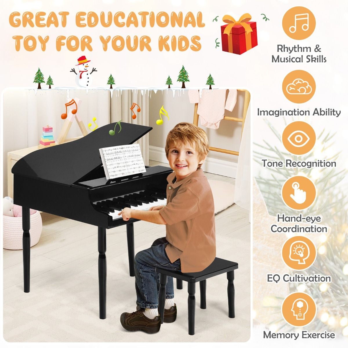 30-Key Classical Learn-To-Play Musical Instrument Toy with Music Stand and Solid Wood Legs