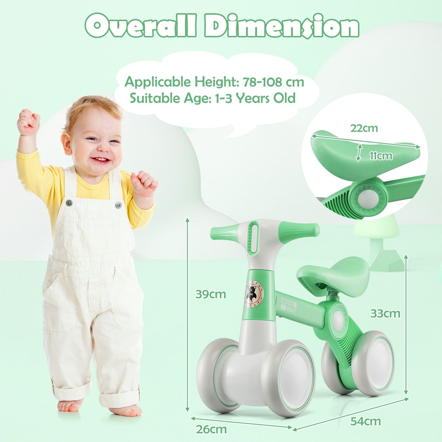 Cute Baby Balance Bike 4 Wheels with Steering Handlebars No Pedal