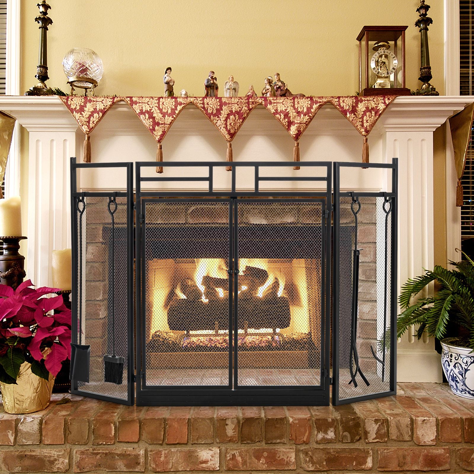 3-Panel Folding Fireplace Screen with Fireplace Tools Set