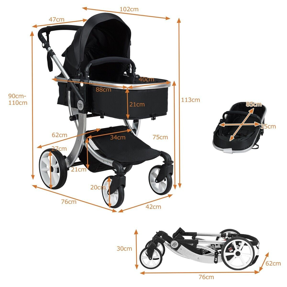 2 in 1 Baby Stroller High Landscape Convertible Bassinet Pram Foldable Pushchair