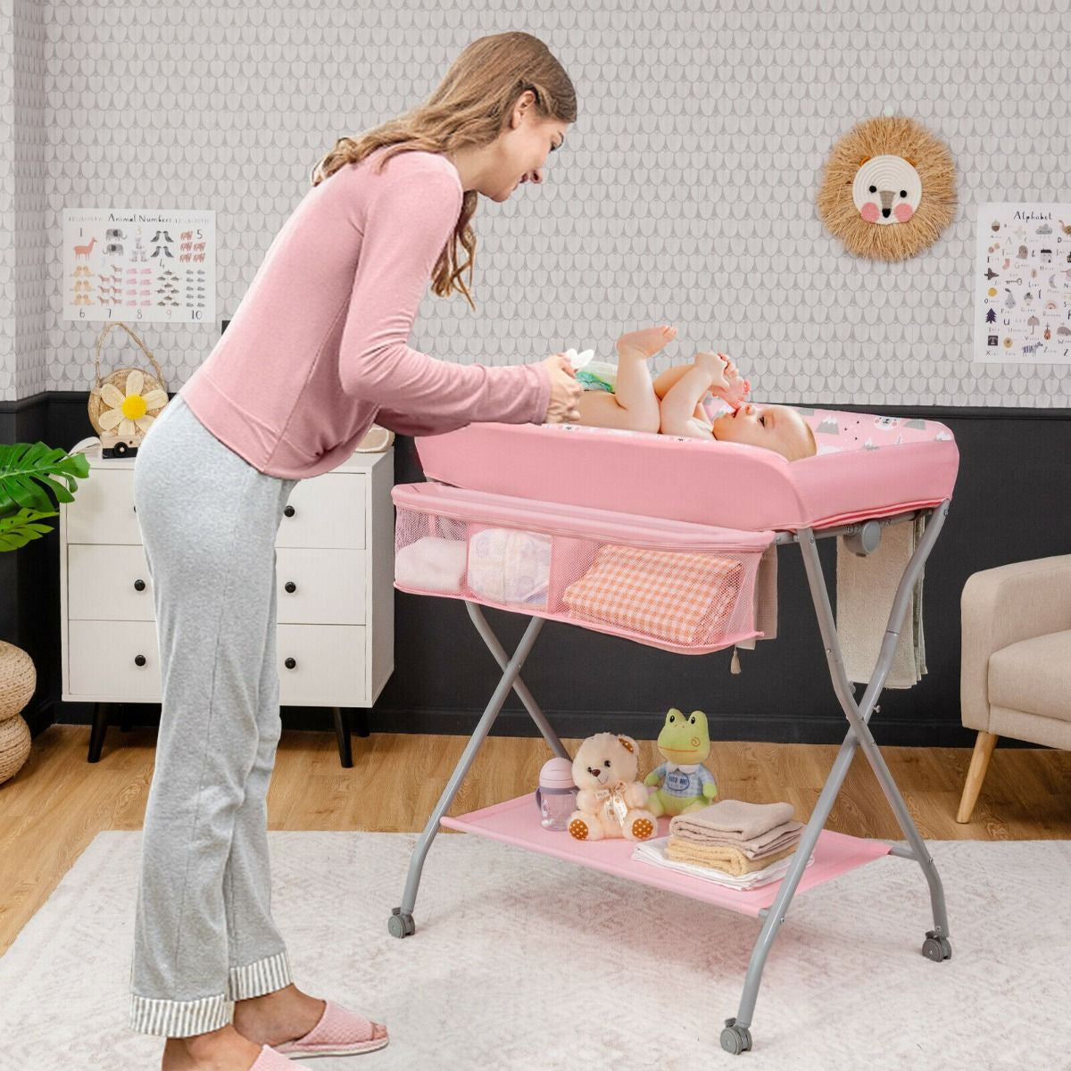 Rolling Baby Changing Table with Large Storage Basket
