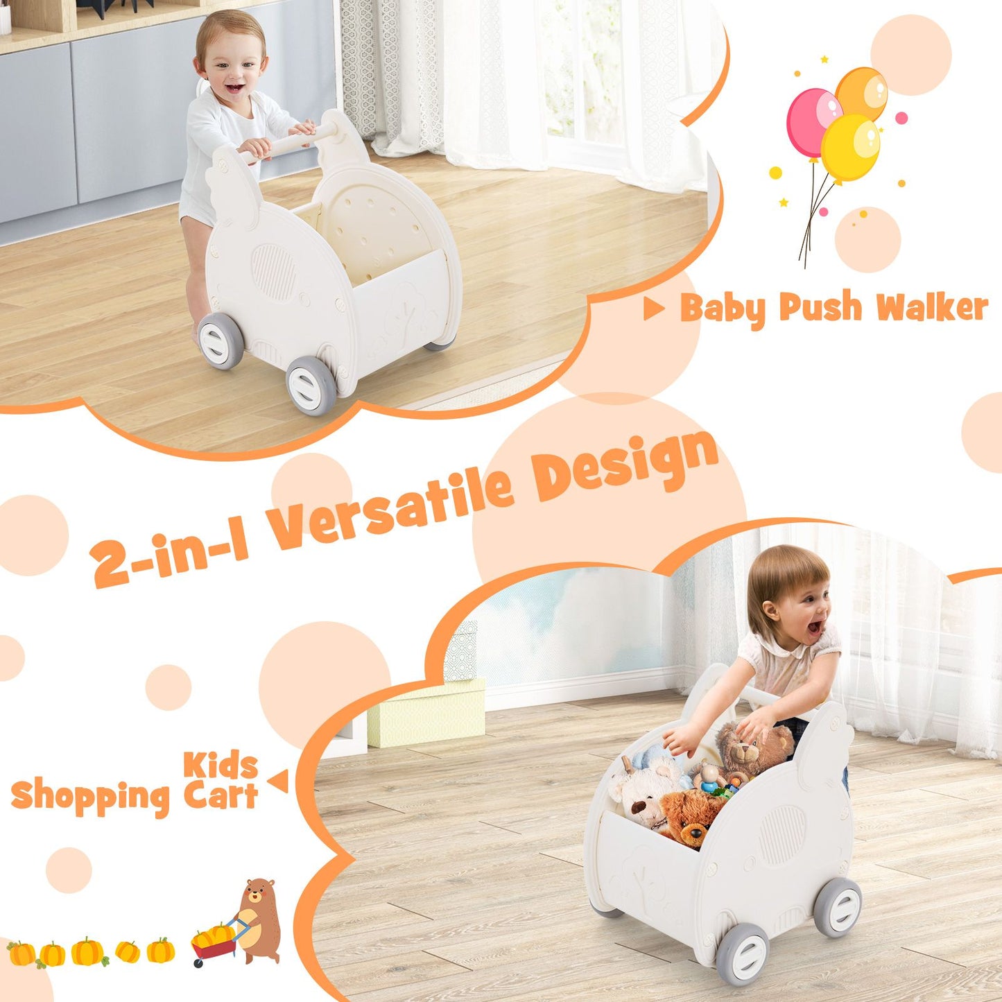 Baby Walker Push Toy 4-Wheel Toddler Toy Cart Elephant Shape