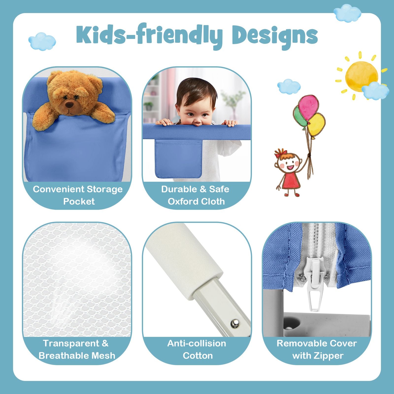 175 Cm Infant Safety Bed Guardrail with Anti-Collision Cotton and Side Pocket