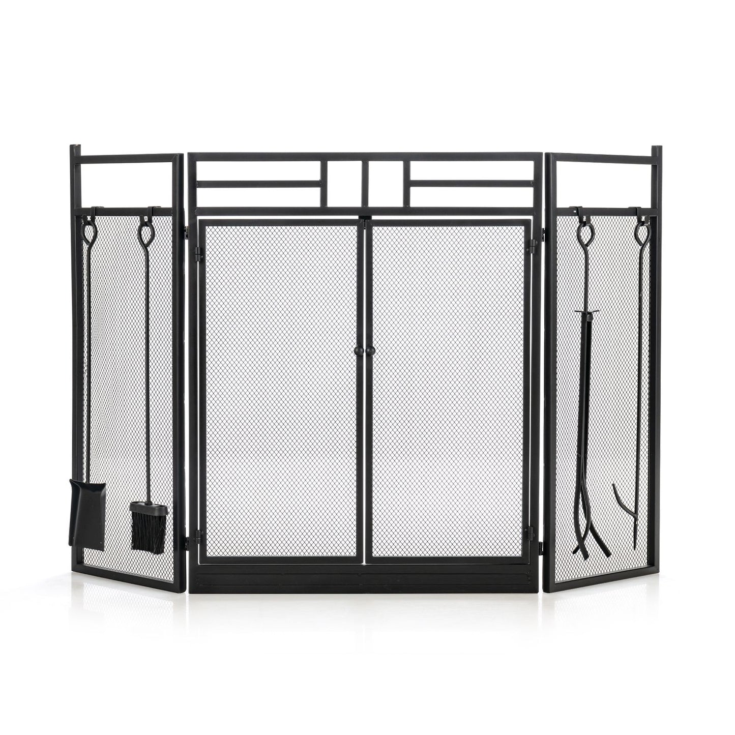 3-Panel Folding Fireplace Screen with Fireplace Tools Set