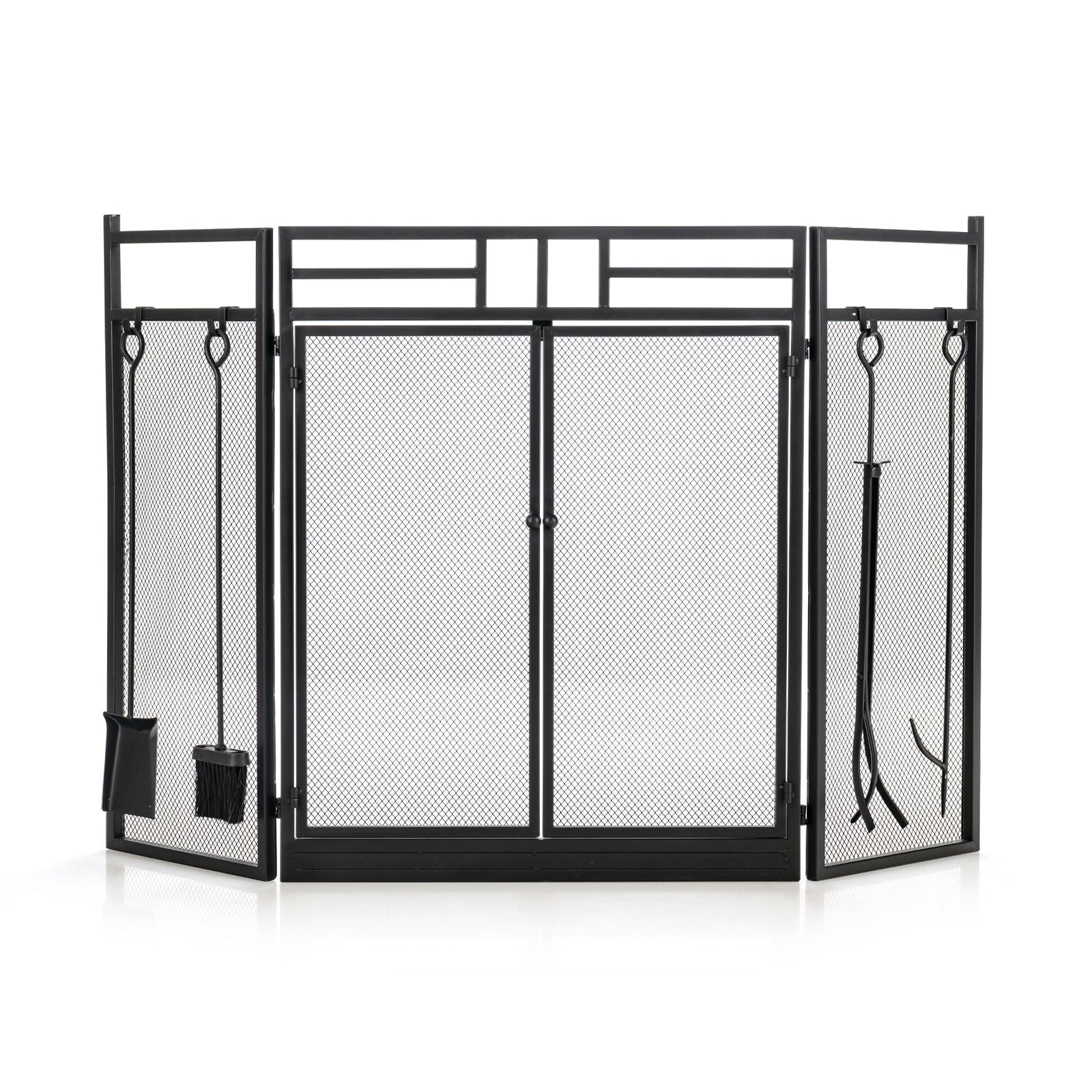 3-Panel Folding Fireplace Screen with Fireplace Tools Set