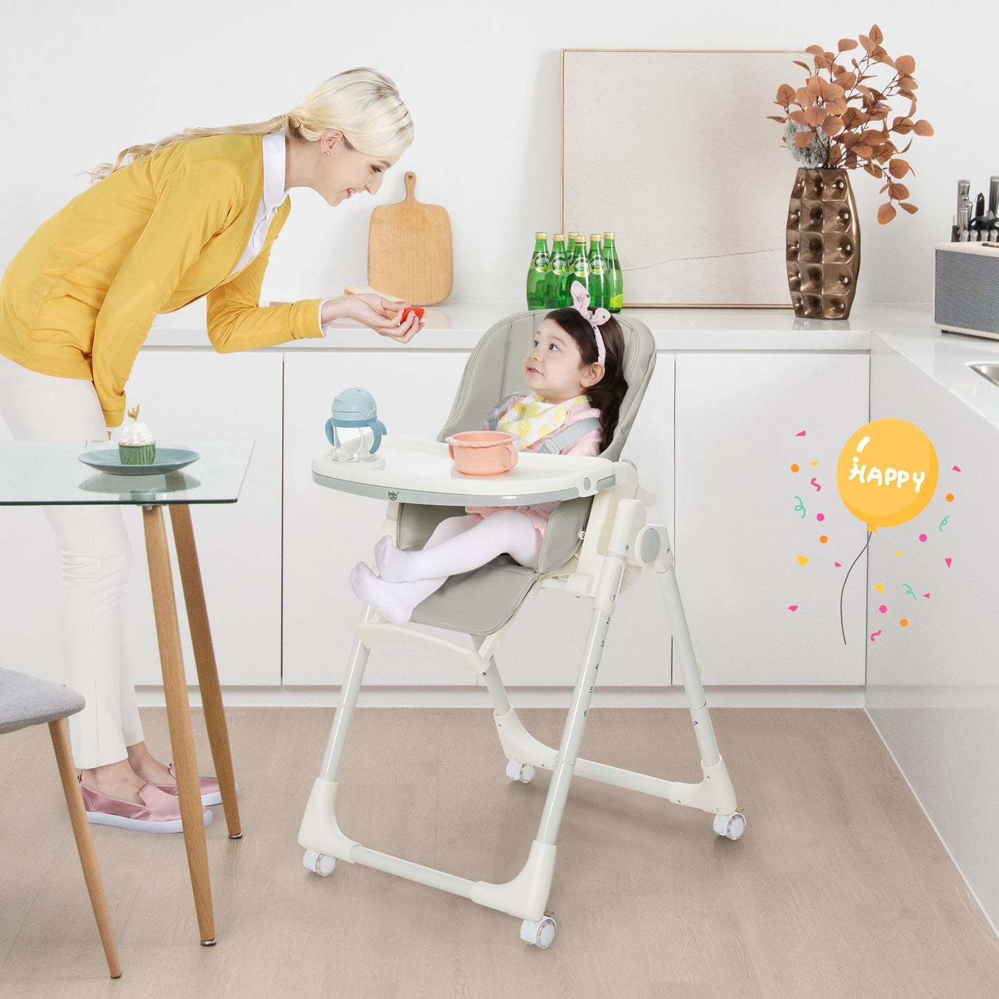 Folding Adjustable High Chair with 5 Recline Positions for Babies Toddlers