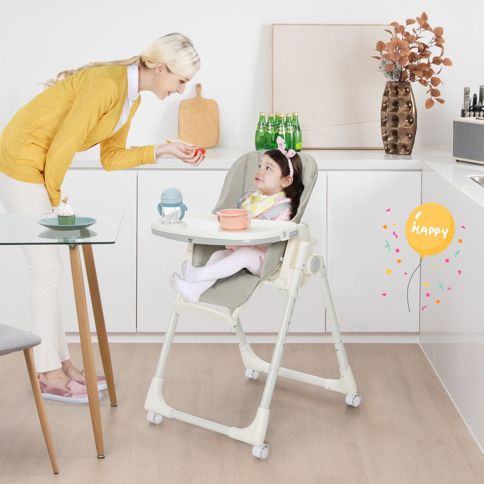 Folding Adjustable High Chair with 5 Recline Positions for Babies Toddlers