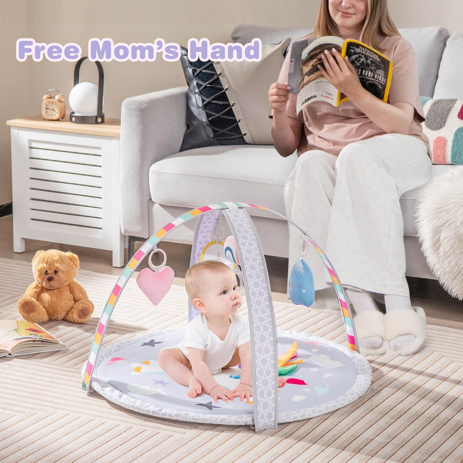 Baby Play Gym Mat 7-In-1 Tummy Time Activity with 5 Detachable Toys