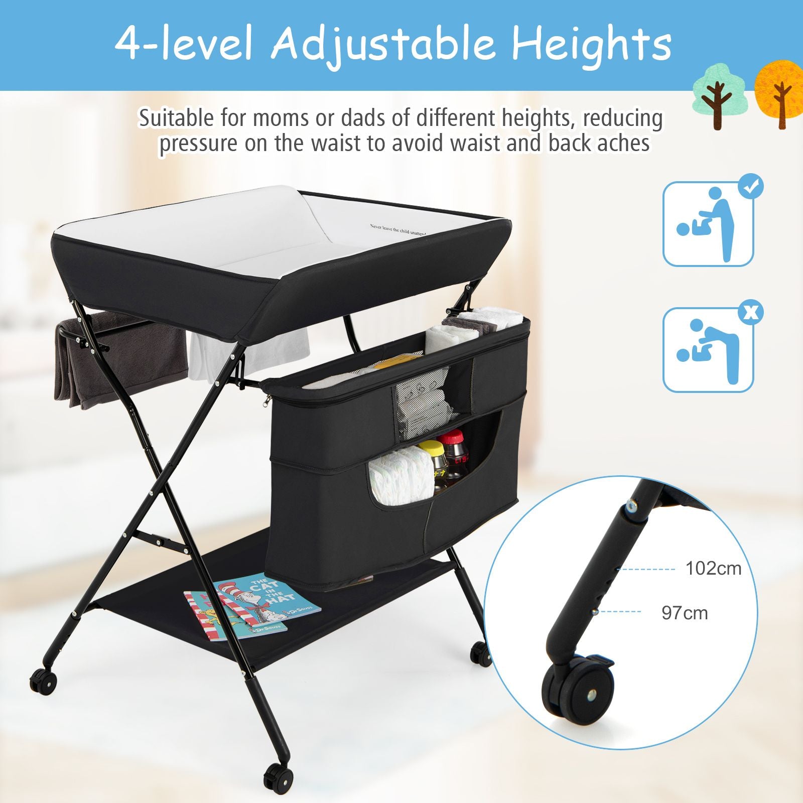 Folding Changing Table with 4-Level Adjustable Height and Wheels